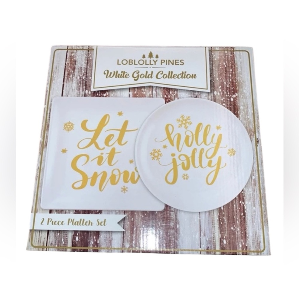 New - Loblolly Pines White / Gold Holiday Platter Set